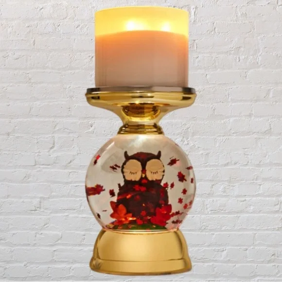BBW Owl Globe Candle Stand Holder Snow-globe Fall Leaves Gold Lights Up Night - Picture 4 of 5